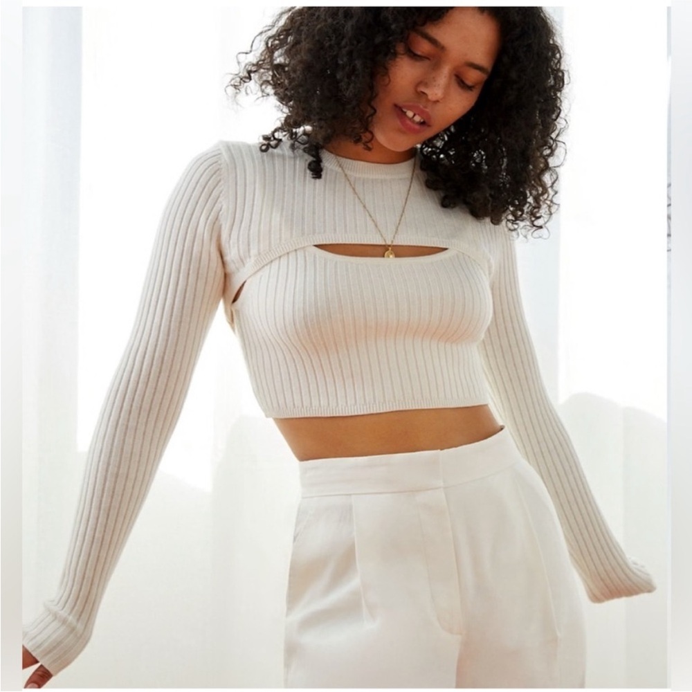 Wilfred Cream Ribbed Cutout Long Sleeve Crop Top - Neutral